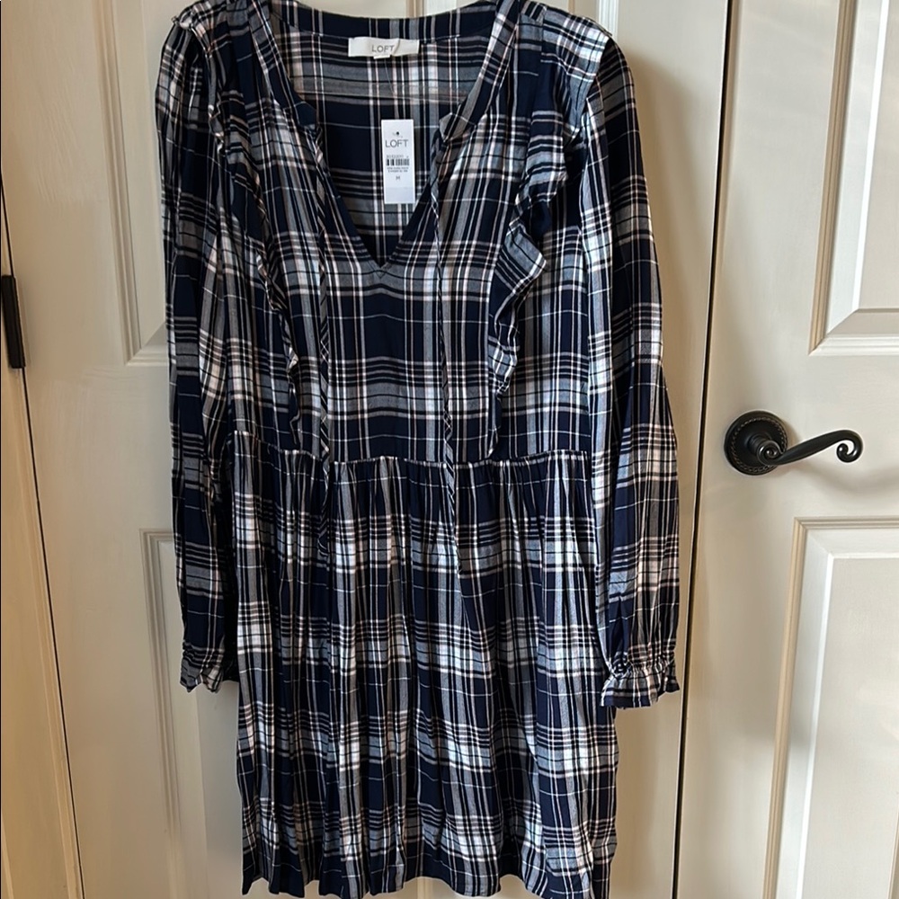 LOFT Navy and White Plaid Long Sleeve Dress